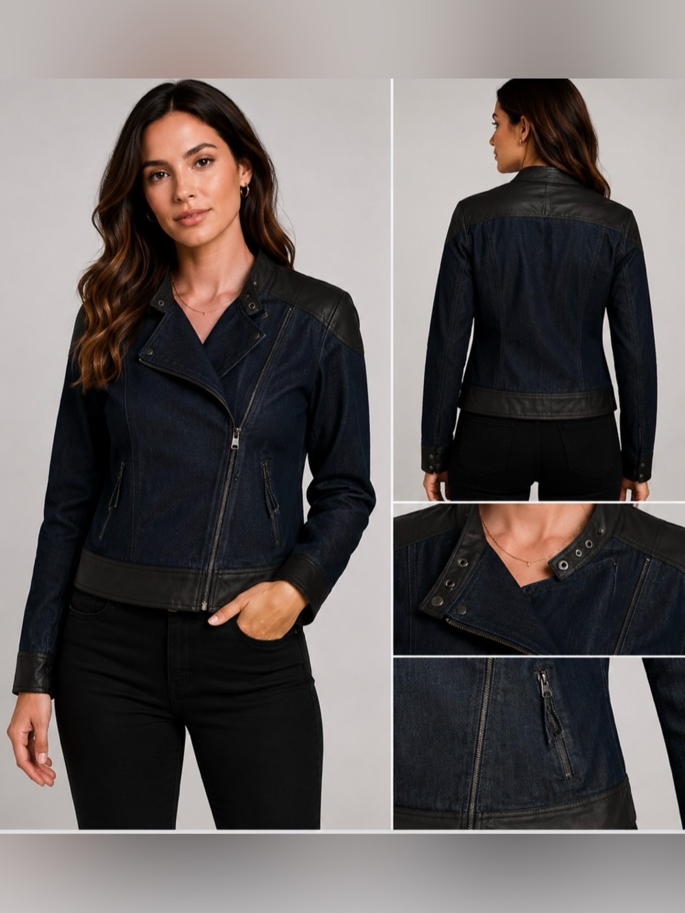 New York & Company Women’s Dark Wash Denim Moto Jacket with Faux Leather Trim